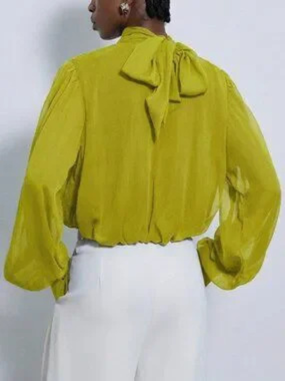 ZARA Green Elegant Women's Draping Mock Neck Sheer Chiffon Blouse